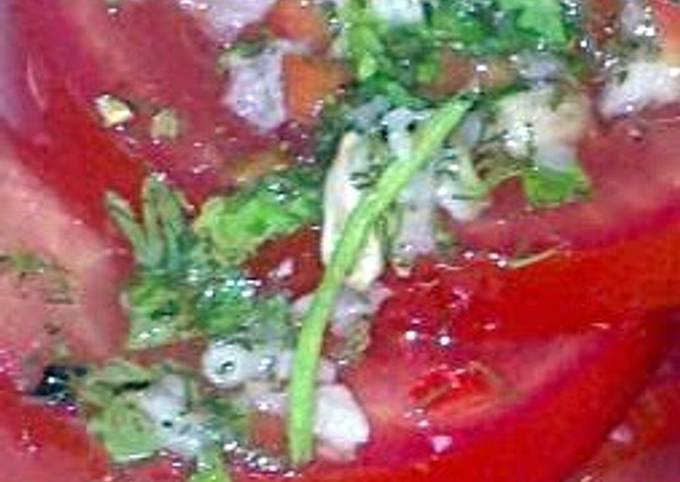 Sig's Tomato Salad with green Dressing,