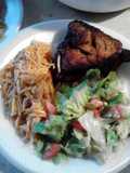 fried chicken with fideo and salad