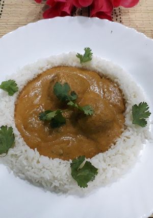 A picture of Shahi lauki ke kofte with plain rice.