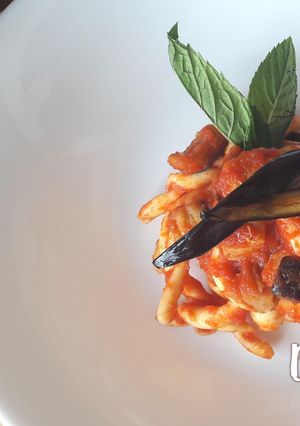 A picture of Busiate with Swordfish, Eggplant, and Mint.