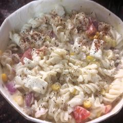Fusion mix pasta in hung curd A picture of Fusion mix pasta in hung curd.
