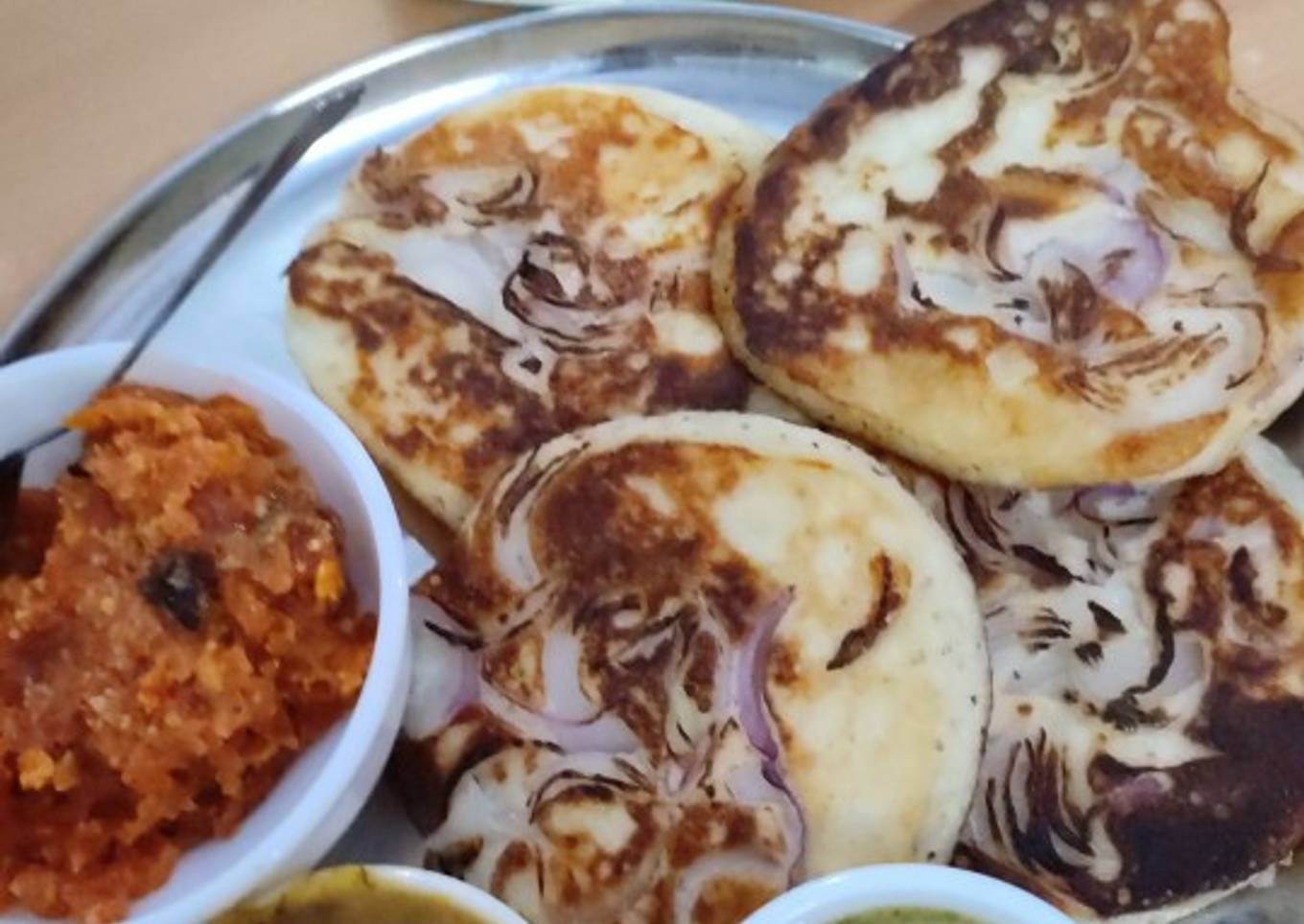 Onion Uttapam, Sambar, Chutney,