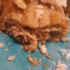 A picture of Green chili chicken tamale with queso fresco chili verde salsa.