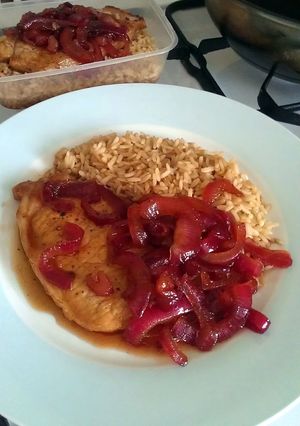 A picture of Vickys Pork & Rice with Sweet & Sour Onions, GF DF EF SF NF.