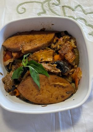 A picture of Vegetarian Braised Fish with Vegetables.
