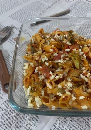 A picture of Broccoli Pasta in Red Sauce.