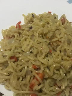 A picture of Noodles and Boiled egg.
