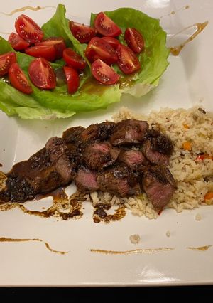 A picture of Lamb Tenderloin with a Whiskey Maple Syrup Sauce.