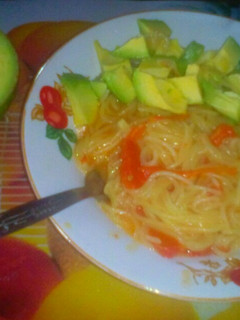 A picture of Spaghetti with Guacamole.