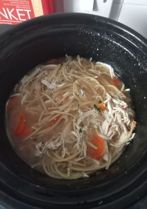 A picture of Slow cooked chicken noodle soup.