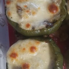 A picture of Philly cheese steak stuffed peppers.
