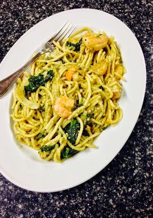 A picture of Shrimp Spaghetti with a Pesto Cream Sauce.