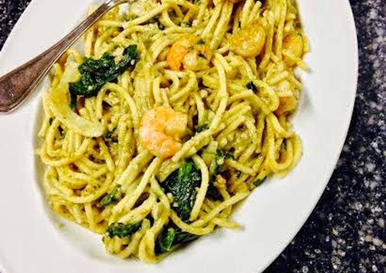Shrimp Spaghetti with a Pesto Cream Sauce