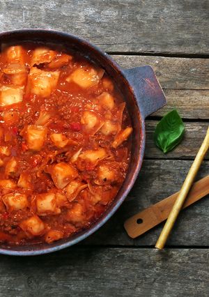 Una foto de Pasta al disco a la bolognesa