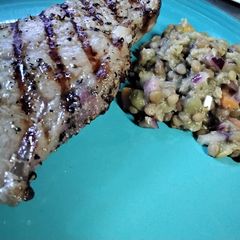 A picture of Sirloin Steak with Lentil Salad.