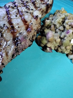 A picture of Sirloin Steak with Lentil Salad.