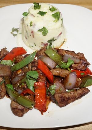 A picture of Sautéed Beef Liver and Garlic Mashed Potatoes.