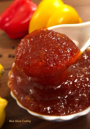 A picture of Roasted Capsicum or Bell Pepper Marmalade – Sweet & Spicy Vegetable Spread – Vegetable Marmalade.