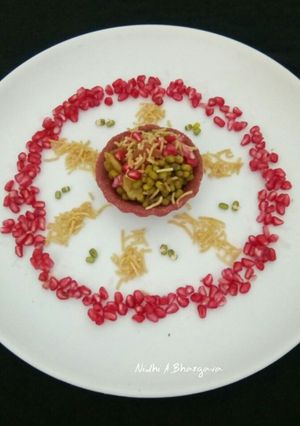 A picture of Moong chat in barley beetroot tart.