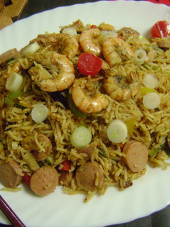 A picture of Chilli Sambal Fried Rice with Prawns & Sausages.