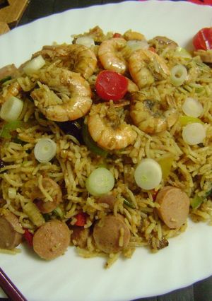 A picture of Chilli Sambal Fried Rice with Prawns & Sausages.