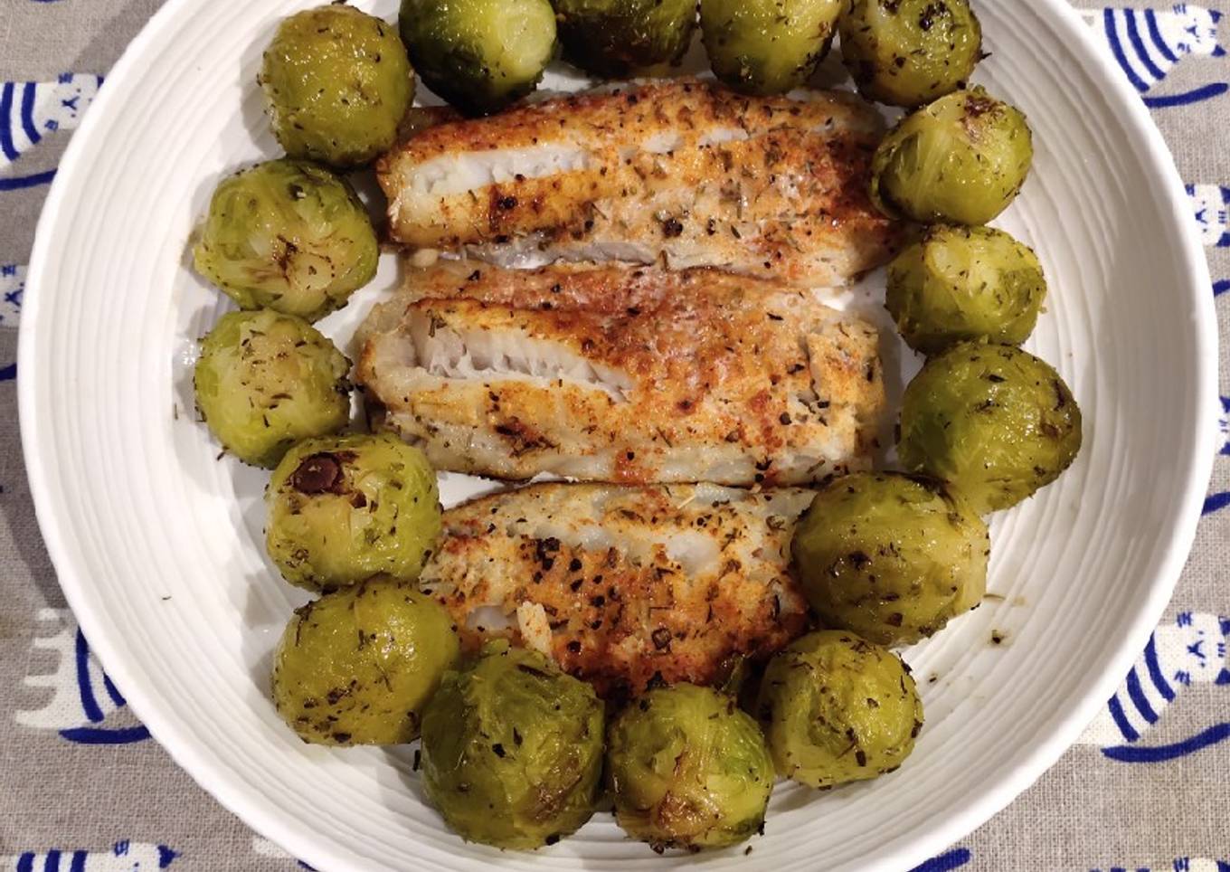 Roasted Brussels and Bake Fish Fillet