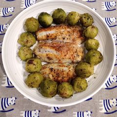 A picture of Roasted Brussels and Bake Fish Fillet.
