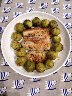 A picture of Roasted Brussels and Bake Fish Fillet.
