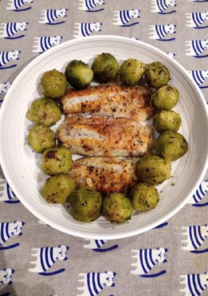 A picture of Roasted Brussels and Bake Fish Fillet.