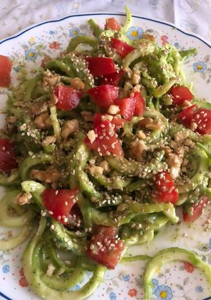 A picture of Zucchini Noodles with Cannellini Bean and Avocado Pesto.