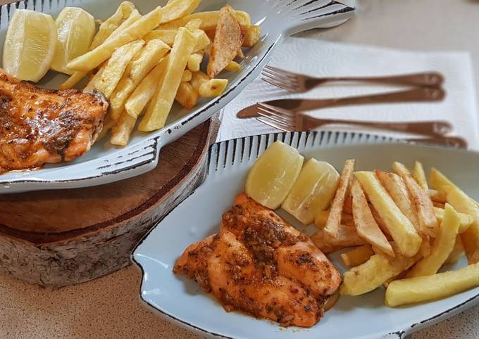 Oven baked salmon and chips