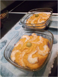 Una foto de Calabaza con lombarda y gambas
