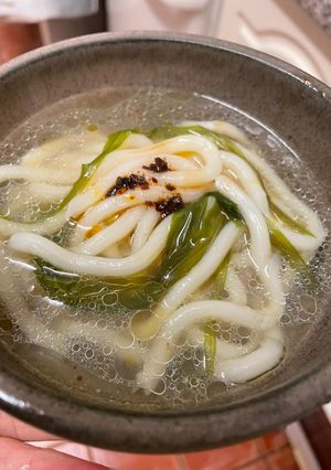 A picture of Hainanese chicken and udon noodle broth.