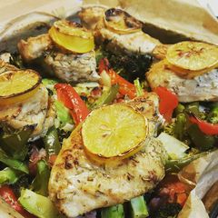 Baked lemon and herb chicken and veges A picture of Baked lemon and herb chicken and veges.