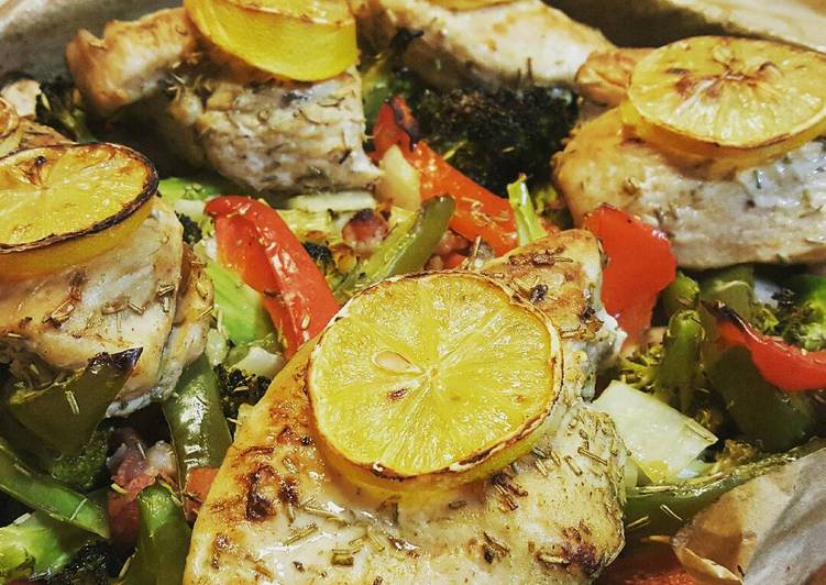 Steps to Make Perfect Baked lemon and herb chicken and veges