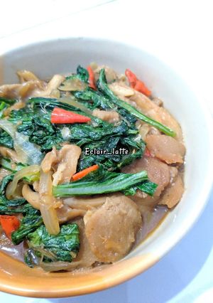 Foto resep Tumis Sawi Hijau, Jamur Tiram, dan Baso Sapi