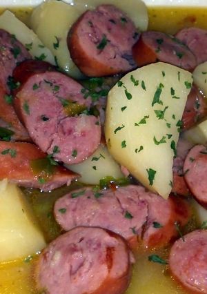 A picture of Smoke sausage and Potatoes.