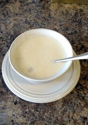 A picture of Greek chicken lemon soup.