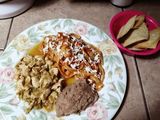 Fajitas de pollo en salsa de tomate fresadilla y pasta