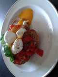 soft boiled eggs with tomato and basil and halloumi