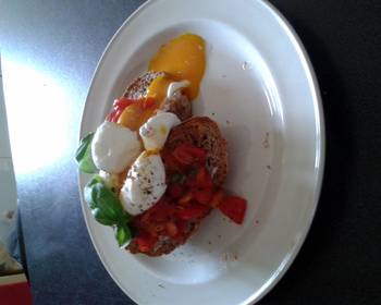 Latest Recipe soft boiled eggs with tomato and basil and halloumi Yummy