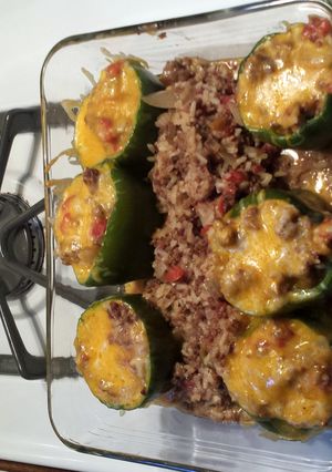 A picture of spicy southern stuffed bell peppers.