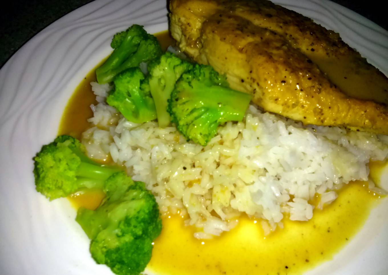 Dijon chicken with rice and steamed broccoli