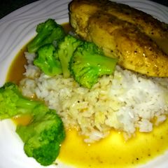 Dijon chicken with rice and steamed broccoli A picture of Dijon chicken with rice and steamed broccoli.