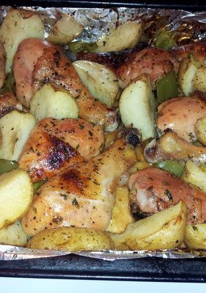 A picture of Slow Baked Lemon/Garlic Pepper Chicken and Potatoes.