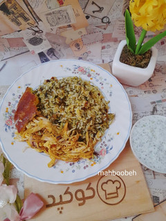 عکسی از دستور شوید پلو متفاوت با مرغ ریش ریش 😋