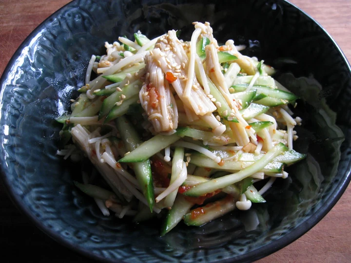 Easy Steps to Prepare Recipe Spicy Enoki &amp;amp; Cucumber Salad that is So Delicious, Tasty}