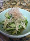 Enoki mushrooms and cucumber with umeboshi flavored ponzu dressing