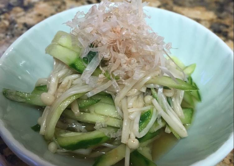 Recipe of Super Quick Homemade Enoki mushrooms and cucumber with umeboshi flavored ponzu dressing