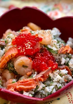 A picture of Mixed Sushi Rice with Green Vegetables.